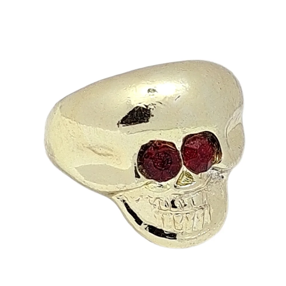 Gold Tone Skull Ring with Red Eyes Gothic Statement Ring | Size 9